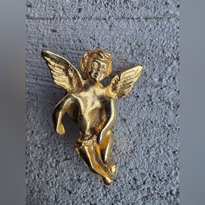 Vintage Gold Tone Angel Pin Brooch | Cherub Guardian Angel Lapel Pin